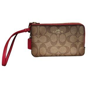 Coach Signature Double Zip Wristlet Pink Leather Trim